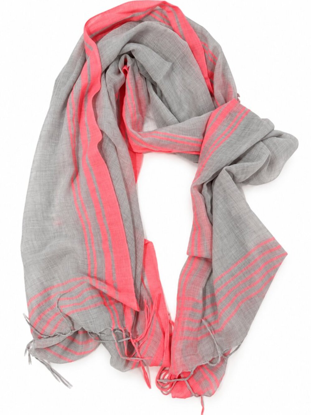 LOFT Gray & Coral Pink Lightweight Striped Scarf with Fringe